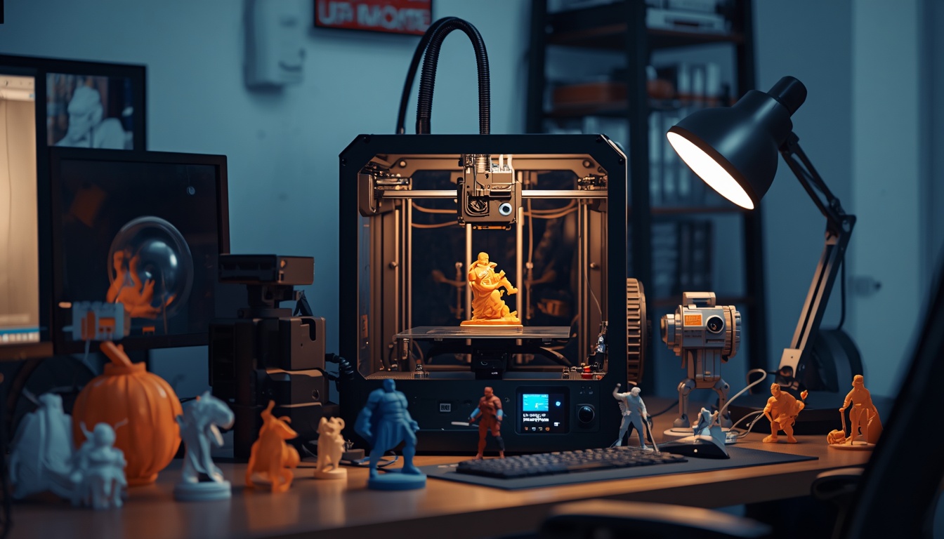 Resin 3D printer and miniatures in a maker workspace